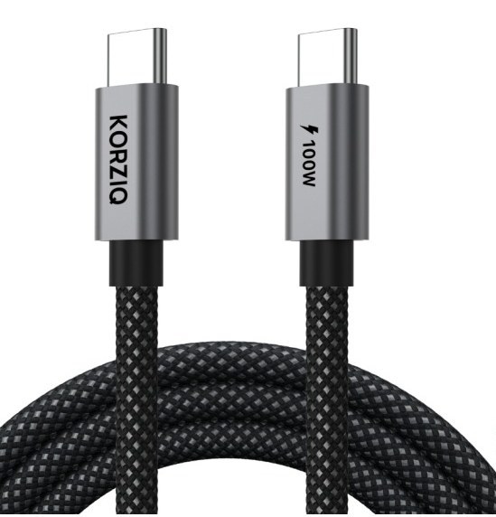 KORZIQ cable with both USB-C ends, one marked 100W